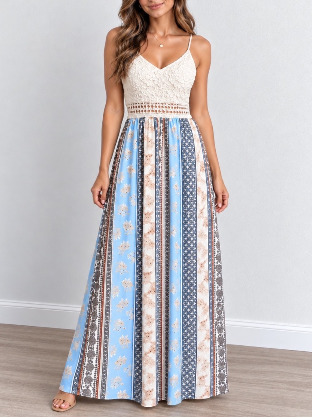 Vine and Valley Women’s L Boho Lace Floral Striped Maxi Dress Blue Ivory V Neck